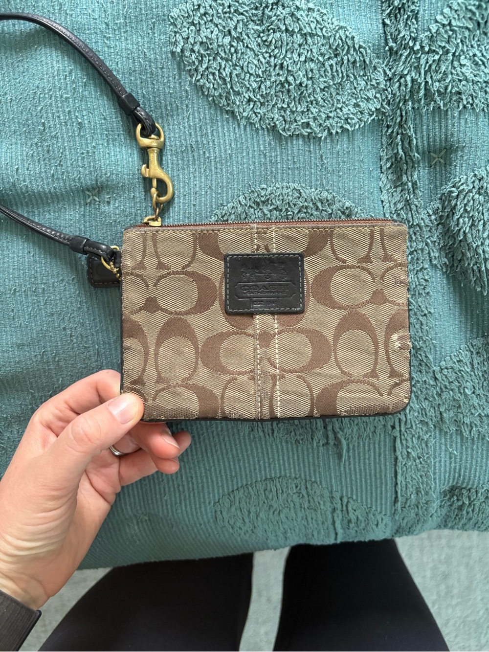 COACH Brown Signature Canvas Wristlet with Leather Strap